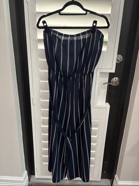 Soprano Navy Blue Strapless Jumpsuit with White Pinstripes